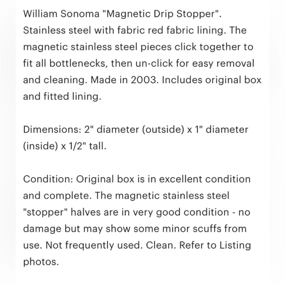WILLIAMS-SONOMA Magnetic stainless steel 2” Drip Stopper LNWOT